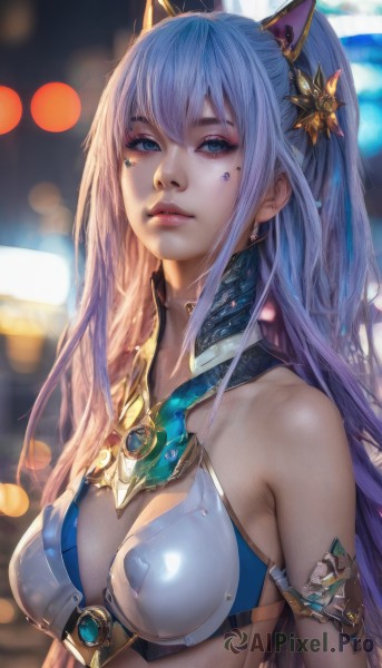 1girl,solo,long hair,breasts,looking at viewer,bangs,blue eyes,hair ornament,animal ears,bare shoulders,jewelry,medium breasts,blue hair,upper body,ponytail,purple hair,parted lips,blurry,lips,eyelashes,makeup,blurry background,fake animal ears,halterneck,facial mark,armlet,eyeshadow,realistic,nose,mascara,cleavage,hair between eyes,sidelocks,multicolored hair,shiny,artist name,armor,depth of field,gem,breastplate,eyeliner,bikini armor,bokeh