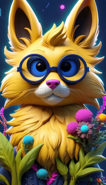 solo,looking at viewer,blue eyes,flower,outdoors,sky,glasses,artist name,signature,pokemon (creature),no humans,night,animal,blue background,grass,plant,star (sky),night sky,pink flower,starry sky,freckles,blue flower,yellow flower,round eyewear,purple flower,mushroom,animal focus,straight-on,blue-framed eyewear,shooting star,leaf,sunglasses