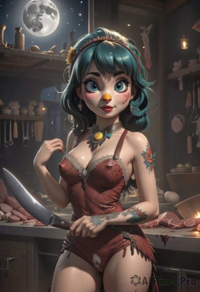 1girl,solo,long hair,breasts,looking at viewer,blush,smile,bangs,blue eyes,hair ornament,dress,holding,cleavage,bare shoulders,jewelry,medium breasts,nipples,blue hair,standing,weapon,flower,cowboy shot,hairband,earrings,parted lips,food,green hair,pussy,choker,indoors,hair flower,star (symbol),nail polish,covered nipples,leotard,lips,see-through,pubic hair,eyelashes,window,uncensored,blood,tattoo,makeup,night,female pubic hair,moon,red dress,thick eyebrows,fire,knife,lipstick,red nails,full moon,plate,freckles,red lips,holding knife,arm tattoo,red leotard,kitchen,mascara,colored pubic hair,stove,potato,large breasts,sky,artist name,necklace,feathers,gem,star (sky),night sky,lace trim,lace,starry sky,cooking,kitchen knife,cutting board