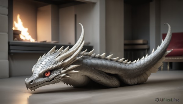 HQ,solo,red eyes,tail,horns,indoors,blurry,from side,no humans,profile,fangs,table,fire,sharp teeth,slit pupils,monster,dragon,scales,animal focus,fireplace,teeth,realistic,military vehicle,tank