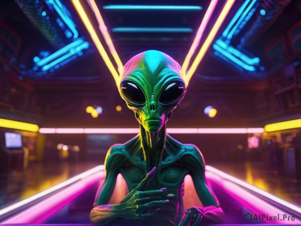 1girl,solo,looking at viewer,upper body,male focus,indoors,blurry,bodysuit,mask,blurry background,colored skin,facing viewer,1other,science fiction,alien,cyberpunk,neon lights,1boy,helmet