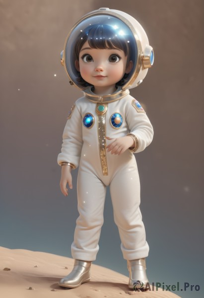 1girl,solo,looking at viewer,smile,short hair,bangs,brown hair,black hair,brown eyes,closed mouth,standing,full body,lips,loli,cameltoe,helmet,child,realistic,spacesuit,space helmet,astronaut,boots,space