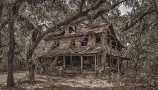 outdoors,day,tree,no humans,window,grass,plant,building,nature,scenery,forest,door,road,house,rope,muted color,wood