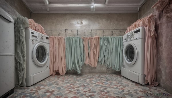 indoors,no humans,window,curtains,scenery,door,tiles,tile floor,bathroom,tile wall,toilet,speaker,still life,sink,air conditioner,shower (place),laundry,toilet paper,washing machine,wall,horror (theme),floor,ceiling light,rug,clothes