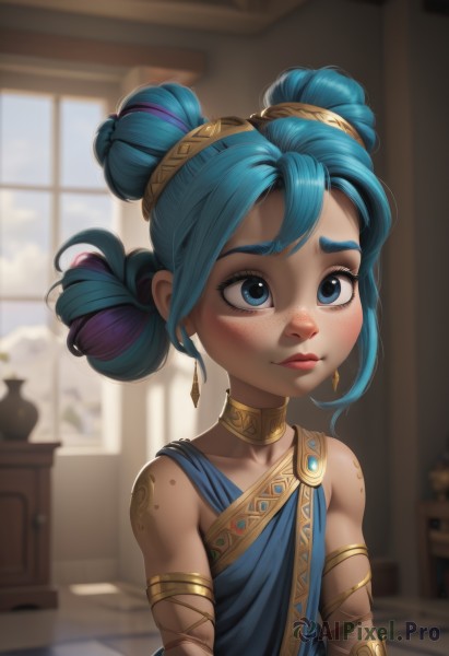 1girl,solo,blush,smile,bangs,blue eyes,hair ornament,dress,bare shoulders,jewelry,closed mouth,blue hair,collarbone,upper body,purple hair,multicolored hair,earrings,green hair,choker,day,shiny,artist name,indoors,hair bun,blurry,shiny hair,flat chest,two-tone hair,window,double bun,tattoo,blurry background,blue dress,thick eyebrows,child,armlet,freckles,female child,short hair,lips,aged down