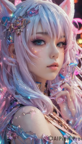 ahri (league of legends),1girl,solo,long hair,breasts,looking at viewer,bangs,blue eyes,hair ornament,animal ears,bare shoulders,jewelry,upper body,white hair,parted lips,nail polish,lips,fingernails,fox ears,eyelashes,makeup,chain,facial mark,lipstick,gem,portrait,eyeshadow,crystal,realistic,nose,whisker markings,mascara,blue hair,pink hair,multicolored hair,earrings,teeth,artist name,hand up,necklace,blurry,from side,ring,light particles,close-up,pink nails,long fingernails,pink lips,glint