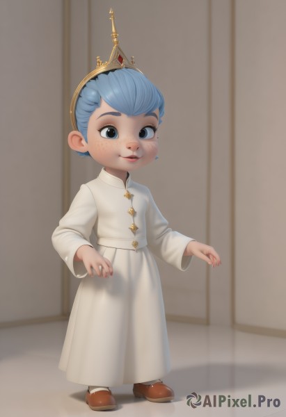 1girl,solo,looking at viewer,smile,short hair,blue eyes,skirt,long sleeves,blue hair,standing,full body,white shirt,parted lips,shoes,indoors,mole,black eyes,mole under eye,brown footwear,white skirt,crown,child,freckles,female child,1boy,dress,male focus,artist name,robe