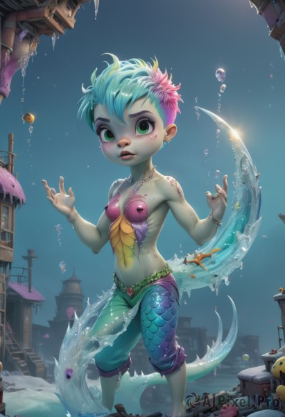 1girl,solo,breasts,looking at viewer,short hair,hair ornament,navel,bare shoulders,jewelry,green eyes,blue hair,standing,collarbone,tail,full body,pink hair,flower,bikini,multicolored hair,earrings,small breasts,outdoors,parted lips,green hair,sky,barefoot,teeth,pants,artist name,signature,hair flower,water,necklace,stomach,bracelet,two-tone hair,lips,aqua hair,makeup,colored skin,ocean,watermark,piercing,monster girl,building,gem,web address,furry,wading,freckles,fish,bubble,legs apart,water drop,underwater,blue skin,furry female,bangle,scales,air bubble,watercraft,green skin,very short hair,mermaid,giantess,shell,ship,boat,starfish,pink skin,baggy pants,seashell,turtle,harem pants,shell bikini,lighthouse,blush,midriff,gradient hair,anklet,gills