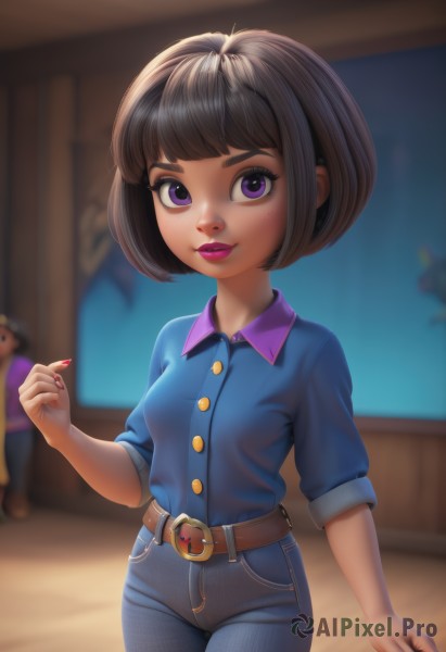 1girl,solo,breasts,looking at viewer,smile,short hair,bangs,brown hair,shirt,black hair,standing,purple eyes,short sleeves,cowboy shot,small breasts,parted lips,solo focus,collared shirt,belt,pants,artist name,indoors,hand up,signature,blunt bangs,nail polish,blurry,dark-skinned female,lips,fingernails,eyelashes,dress shirt,makeup,buttons,depth of field,blurry background,watermark,stuffed toy,bob cut,thick eyebrows,blue shirt,denim,wing collar,lipstick,child,red nails,buckle,pink nails,sleeves rolled up,freckles,arm at side,jeans,belt buckle,pink lips,nose,purple shirt,blue pants,red lips,female child,brown belt,purple lips,closed mouth,dark skin,web address,eyeshadow,polo shirt