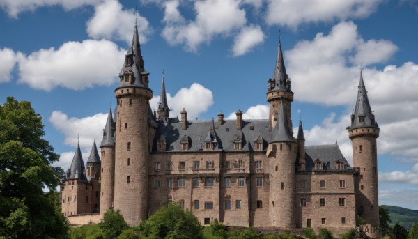 outdoors,sky,day,cloud,water,tree,blue sky,no humans,cloudy sky,building,nature,scenery,forest,mountain,fantasy,castle,tower,architecture,church,arch