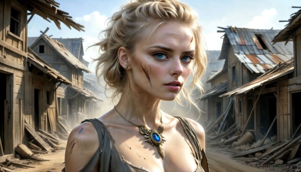 HQ,1girl,solo,breasts,looking at viewer,short hair,blue eyes,blonde hair,cleavage,bare shoulders,jewelry,medium breasts,collarbone,upper body,earrings,outdoors,parted lips,sky,day,cloud,necklace,blue sky,lips,torn clothes,blood,building,pendant,injury,blood on face,realistic,nose,ruins,dirty,damaged,dirty face,makeup,scar,gem,portrait