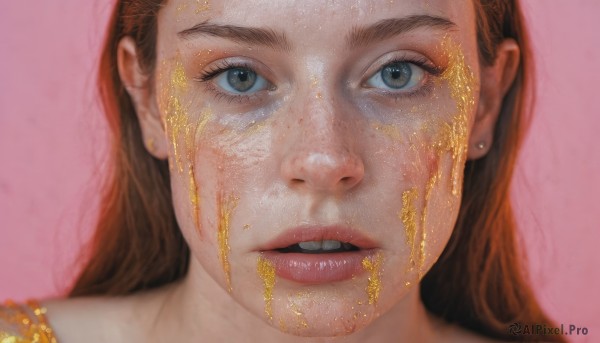 1girl,solo,long hair,looking at viewer,open mouth,simple background,brown hair,brown eyes,jewelry,earrings,parted lips,teeth,blurry,lips,grey eyes,pink background,portrait,freckles,realistic,nose,messy,honey,eyelashes,close-up,paint splatter