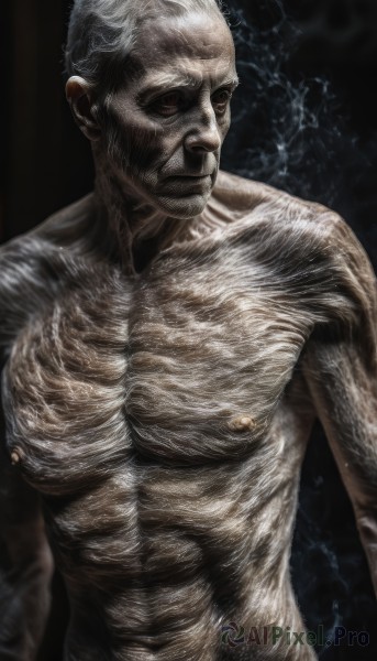 solo,looking at viewer,short hair,1boy,navel,closed mouth,nipples,upper body,white hair,male focus,nude,muscular,facial hair,abs,pectorals,muscular male,black background,beard,realistic,manly,old,old man,wrinkled skin,grey hair,veins,chest hair