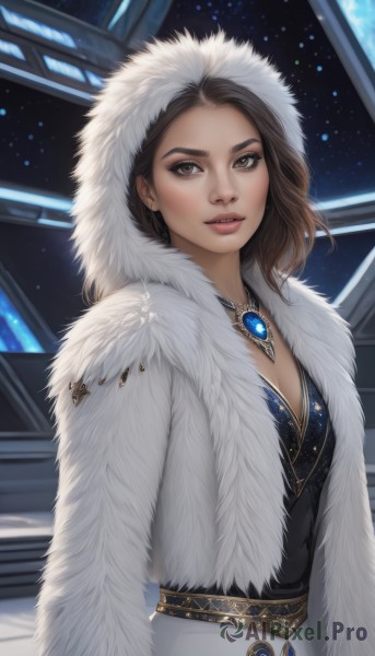 1girl,solo,long hair,breasts,looking at viewer,smile,brown hair,dress,cleavage,brown eyes,jewelry,medium breasts,upper body,small breasts,parted lips,open clothes,belt,hood,medium hair,necklace,lips,coat,fur trim,makeup,watermark,gem,star (sky),pendant,hood up,realistic,nose,white coat,space,parka,sky,artist name,brooch,starry sky,fur-trimmed hood