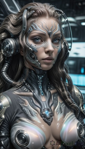 1girl,solo,long hair,breasts,looking at viewer,blue eyes,brown hair,cleavage,medium breasts,upper body,shiny,blurry,lips,see-through,eyelashes,bodysuit,blurry background,headgear,breasts apart,science fiction,curly hair,realistic,nose,cable,cyborg,cyberpunk,parted lips,makeup,facial mark,expressionless,skin tight,forehead,freckles,shiny clothes