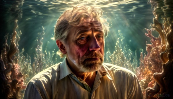 HQ,solo,blue eyes,shirt,1boy,closed mouth,white shirt,upper body,white hair,grey hair,male focus,necktie,collared shirt,water,facial hair,sunlight,beard,bubble,light rays,underwater,realistic,mustache,manly,old,old man,coral,wrinkled skin,blonde hair,scar,air bubble,sunbeam