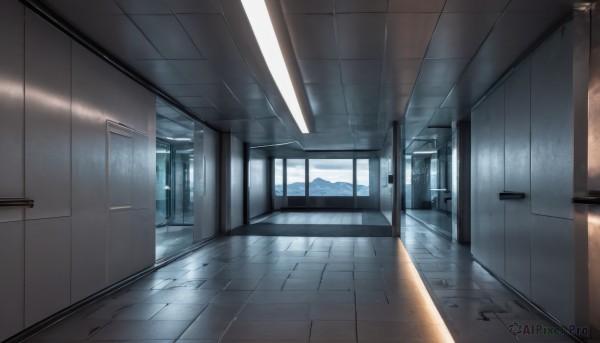 sky,day,indoors,no humans,window,shadow,sunlight,building,scenery,light rays,door,tiles,light,tile floor,locker,school,ceiling,hallway,ceiling light,reflective floor,cloud,blue sky,wooden floor,floor