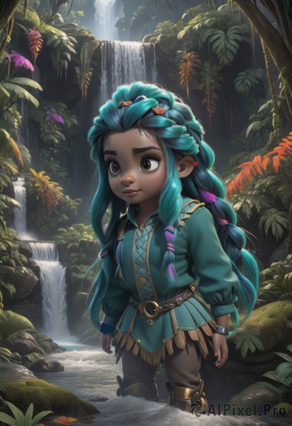 1girl,solo,long hair,smile,shirt,hair ornament,long sleeves,ribbon,brown eyes,very long hair,closed mouth,blue hair,standing,hair ribbon,braid,multicolored hair,boots,outdoors,green hair,belt,pants,dark skin,water,dark-skinned female,tree,lips,thick eyebrows,plant,child,nature,web address,wading,forest,nose,female child,brown pants,waterfall,jewelry,green eyes,flower,artist name,signature,twin braids,bracelet,fingernails,leaf,watermark,rock,stream