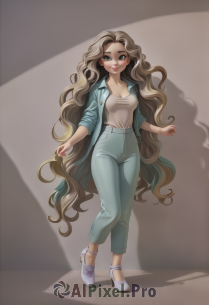 1girl,solo,long hair,breasts,looking at viewer,blush,smile,blonde hair,brown hair,shirt,long sleeves,cleavage,medium breasts,very long hair,closed mouth,standing,collarbone,jacket,full body,white shirt,open clothes,shoes,pants,high heels,open jacket,lips,grey eyes,makeup,shadow,wavy hair,white footwear,denim,lipstick,blue jacket,sleeves rolled up,brown background,walking,curly hair,jeans,blue pants,red lips,shirt tucked in,green pants,spotlight,high-waist pants,simple background,white background,brown eyes,belt,mole,thick eyebrows,denim jacket