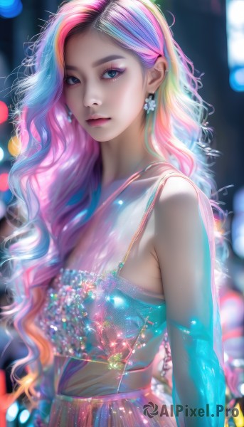 1girl,solo,long hair,breasts,looking at viewer,blue eyes,dress,bare shoulders,jewelry,closed mouth,blue hair,upper body,pink hair,purple hair,flower,multicolored hair,earrings,sleeveless,artist name,signature,blurry,from side,two-tone hair,lips,streaked hair,see-through,eyelashes,makeup,sleeveless dress,depth of field,blurry background,blue dress,wavy hair,lipstick,multicolored clothes,eyeshadow,pink lips,glint,realistic,nose,bokeh,colorful,rainbow hair,hairband,necklace,sparkle,watermark,expressionless,gem,light particles,mascara,pearl (gemstone),sparkler