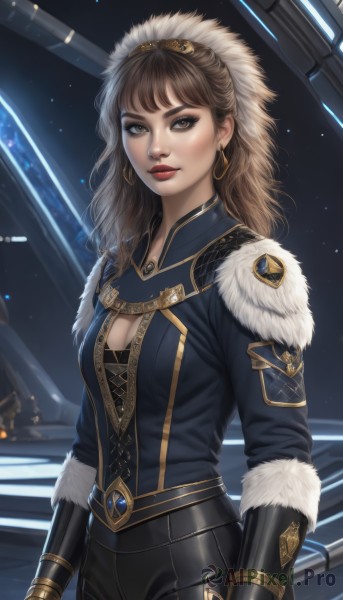 1girl,solo,long hair,breasts,looking at viewer,bangs,brown hair,gloves,cleavage,brown eyes,jewelry,medium breasts,closed mouth,standing,cowboy shot,hairband,earrings,pants,lips,fur trim,clothing cutout,makeup,watermark,black pants,cleavage cutout,lipstick,gauntlets,eyeshadow,science fiction,hoop earrings,realistic,nose,red lips,eyeliner,space,leather,jacket,artist name