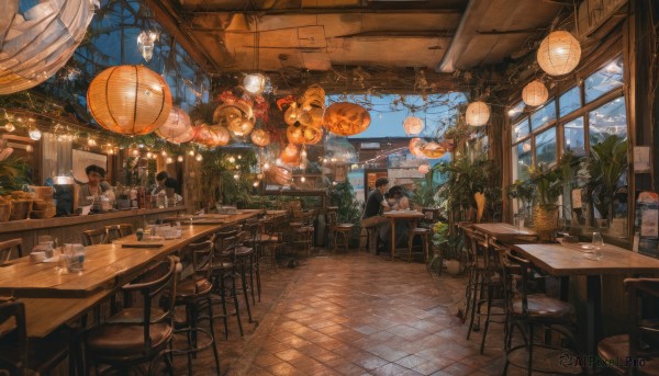 sitting,food,multiple boys,sky,cloud,indoors,tree,cup,no humans,window,night,chair,table,bottle,plant,scenery,plate,alcohol,drinking glass,tray,bowl,lantern,wooden floor,tiles,glass,potted plant,lamp,wine glass,tile floor,stool,wine,shelf,ceiling,bar (place),restaurant,counter,ceiling light,cafe,chandelier,bar stool,short hair,multiple girls,shirt,black hair,long sleeves,hat,holding,day,fish,vines