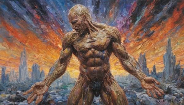 solo,1boy,standing,male focus,cowboy shot,outdoors,sky,muscular,facial hair,abs,outstretched arms,muscular male,veins,rock,realistic,bald,manly,debris,destruction,molten rock,navel,nude,completely nude,glowing,traditional media,pectorals,beard,old,old man