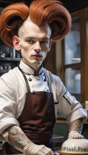 solo,looking at viewer,brown hair,shirt,gloves,1boy,holding,brown eyes,white shirt,upper body,male focus,parted lips,food,indoors,white gloves,orange hair,blurry,apron,lips,tattoo,blurry background,waist apron,plate,realistic,nose,arm tattoo,kitchen,chef,brown apron,long sleeves,closed mouth,standing,facial hair,mohawk,cracked skin