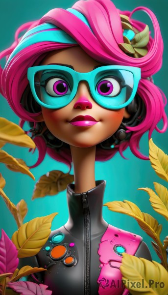 1girl,solo,looking at viewer,smile,short hair,hair ornament,upper body,pink hair,multicolored hair,glasses,artist name,dark skin,pink eyes,mole,dark-skinned female,lips,gradient,gradient background,mole under eye,makeup,headphones,leaf,watermark,lipstick,goggles,portrait,eyeshadow,zipper,pink lips,nose,tinted eyewear,purple lips,flower,eyelashes,headset,cyborg,aqua background