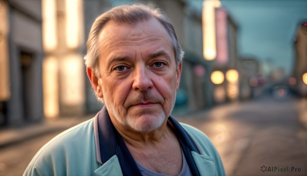 HQ,solo,looking at viewer,blue eyes,shirt,1boy,closed mouth,jacket,white shirt,upper body,white hair,grey hair,male focus,outdoors,blurry,depth of field,blurry background,facial hair,blue jacket,building,city,realistic,road,bald,old,old man,wrinkled skin,signature,lips,expressionless,portrait,motor vehicle,beard,bokeh