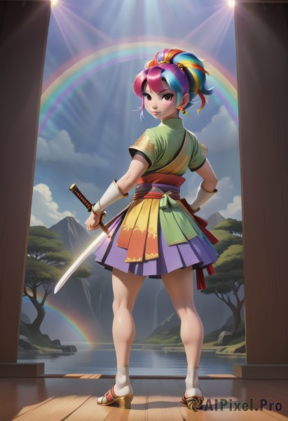 1girl,solo,long hair,looking at viewer,smile,bangs,skirt,shirt,red eyes,ribbon,holding,brown eyes,jewelry,blue hair,standing,full body,hair ribbon,ponytail,weapon,pink hair,purple hair,short sleeves,red hair,multicolored hair,pleated skirt,earrings,outdoors,japanese clothes,sky,day,tongue,socks,shiny,looking back,sword,artist name,cloud,signature,pink eyes,kimono,water,from behind,holding weapon,two-tone hair,tree,blue sky,lips,streaked hair,hand on hip,legs,sash,makeup,watermark,holding sword,obi,sandals,sunlight,katana,high ponytail,sheath,hakama,hakama skirt,multicolored clothes,lens flare,personification,reflection,legs apart,purple skirt,wooden floor,mountain,geta,tabi,kneepits,bracer,platform footwear,rainbow,multicolored skirt,rainbow hair,sun