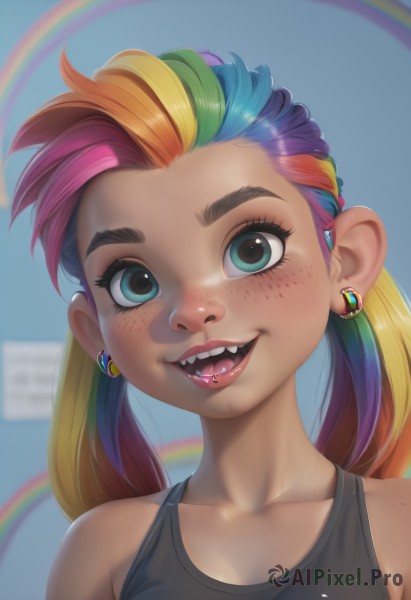 1girl,solo,long hair,breasts,looking at viewer,blush,smile,open mouth,blue eyes,blonde hair,bare shoulders,twintails,jewelry,green eyes,blue hair,collarbone,upper body,pink hair,purple hair,:d,multicolored hair,earrings,green hair,teeth,tongue,artist name,signature,tongue out,orange hair,two-tone hair,aqua eyes,lips,eyelashes,gradient hair,makeup,upper teeth only,watermark,piercing,thick eyebrows,tank top,ear piercing,portrait,web address,eyeshadow,personification,freckles,nose,rainbow,mascara,tongue piercing,rainbow hair,bangs,shirt,sleeveless,shiny,mole,blurry,black shirt,blurry background,fangs,blue background,sharp teeth,forehead,realistic,black tank top