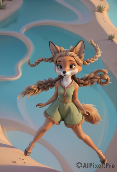 1girl,solo,long hair,breasts,looking at viewer,smile,bangs,brown hair,dress,animal ears,bare shoulders,twintails,brown eyes,closed mouth,standing,collarbone,tail,full body,braid,small breasts,outdoors,sky,shoes,sleeveless,day,artist name,signature,twin braids,flat chest,blue sky,plaid,fox ears,sleeveless shirt,floating hair,sleeveless dress,fox tail,watermark,blue background,short dress,happy,fox girl,wind,child,dog ears,furry,forehead,freckles,walking,legs apart,light blush,green dress,dog tail,hair tie,sand,furry female,dog girl,female child,body fur,white fur,green vest,animal nose,snout,brown fur,two-tone fur,desert,animal feet,orange fur,shirt,frills,shorts,necklace,blurry,animal ear fluff,buttons,blurry background,grass,claws,green shirt,green shorts,hooves