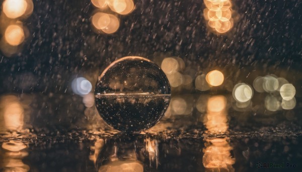 outdoors, sky, blurry, no humans, night, depth of field, scenery, reflection, rain, city, cityscape, bokeh, city lights