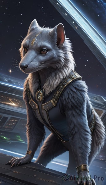 solo,looking at viewer,brown eyes,jewelry,sky,necklace,bracelet,no humans,window,night,animal,cat,ring,building,gem,star (sky),night sky,claws,starry sky,animal focus,male focus,artist name,sparkle,watermark,furry,realistic,space,furry male