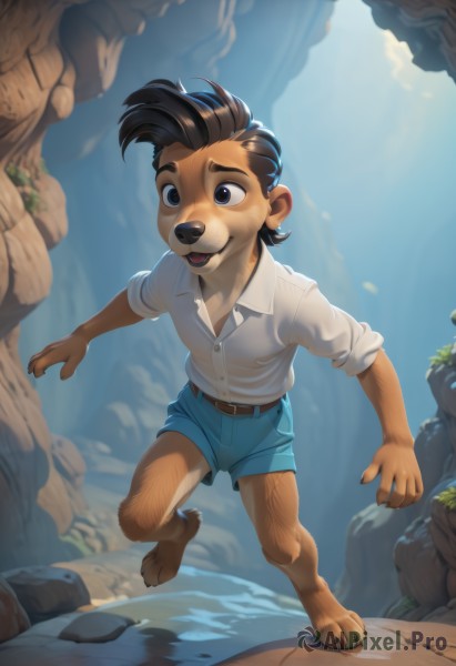 solo,smile,open mouth,blue eyes,brown hair,shirt,black hair,1boy,animal ears,full body,white shirt,male focus,outdoors,shorts,barefoot,day,tongue,collared shirt,belt,tongue out,water,black eyes,dress shirt,child,furry,sleeves rolled up,blue shorts,running,rock,furry male,male child,snout,leg hair,short hair,:d,sky,teeth,artist name,sunlight,denim,claws,denim shorts,animal nose,brown fur,cliff