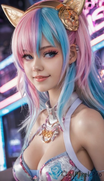 1girl,solo,long hair,breasts,looking at viewer,smile,bangs,blue eyes,hair ornament,animal ears,cleavage,bare shoulders,jewelry,medium breasts,closed mouth,blue hair,upper body,pink hair,multicolored hair,hairband,earrings,cat ears,necklace,bra,blurry,two-tone hair,lips,looking to the side,grey eyes,eyelashes,gradient hair,makeup,blurry background,fake animal ears,piercing,ear piercing,eyeshadow,realistic,nose,parted lips,artist name,virtual youtuber,lipstick,mascara