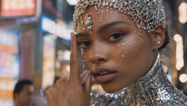 1girl,solo,looking at viewer,short hair,black hair,jewelry,parted lips,teeth,solo focus,hand up,dark skin,blurry,black eyes,dark-skinned female,lips,fingernails,depth of field,blurry background,ring,portrait,freckles,realistic,very dark skin,earrings,shiny,necklace,eyelashes,gem,finger to mouth,close-up,nose