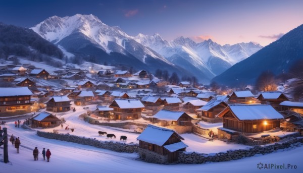 outdoors,sky,cloud,tree,no humans,fire,building,scenery,snow,mountain,architecture,house,winter,east asian architecture,mountainous horizon,town,day,water,blue sky,window,bird,animal,nature,forest,smoke,snowing,road,snowman,landscape,footprints,6+others,pine tree