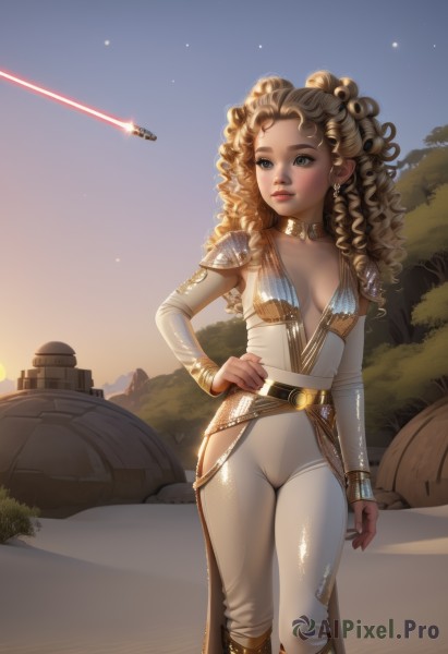 1girl,solo,long hair,breasts,blue eyes,blonde hair,brown hair,cleavage,jewelry,medium breasts,closed mouth,standing,earrings,small breasts,outdoors,sky,choker,belt,pants,signature,dark skin,armor,dark-skinned female,lips,hand on hip,looking to the side,no bra,bodysuit,makeup,night,feet out of frame,looking away,shoulder armor,star (sky),skin tight,starry sky,science fiction,curly hair,pauldrons,realistic,aircraft,white pants,nose,bracer,looking afar,white bodysuit,energy sword,spacecraft,shooting star,plunging neckline,gorget,laser,lightsaber,gold choker,brown eyes,boots,parted lips,sword,tree,rock,center opening