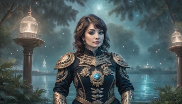 1girl,solo,long hair,breasts,looking at viewer,bangs,blue eyes,brown hair,black hair,hair ornament,long sleeves,brown eyes,jewelry,upper body,earrings,outdoors,sky,artist name,water,necklace,armor,tree,lips,makeup,night,glowing,watermark,wavy hair,moon,shoulder armor,gem,star (sky),nature,night sky,scenery,full moon,eyeshadow,forest,starry sky,pauldrons,lantern,realistic,fantasy,lake,moonlight,hyur