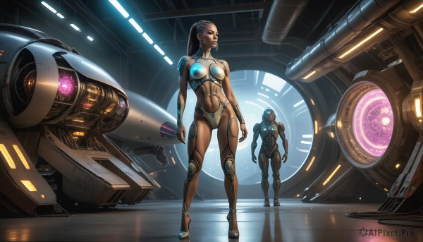 HQ,1girl,long hair,breasts,brown hair,black hair,1boy,navel,brown eyes,medium breasts,standing,full body,ponytail,dark skin,armor,lips,bodysuit,muscular,glowing,helmet,robot,mecha,reflection,science fiction,realistic,arms at sides,muscular female,neon trim,spacecraft,hologram,weapon,indoors,machinery,android,joints,cable,robot joints,cyberpunk