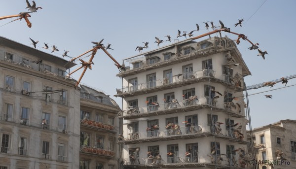 weapon,outdoors,multiple boys,sky,day,blue sky,military,window,bird,ground vehicle,building,scenery,flying,6+boys,city,aircraft,flag,airplane,house,soldier,town,balcony,multiple girls,no humans,6+girls,sign,fantasy,road,lamppost,street