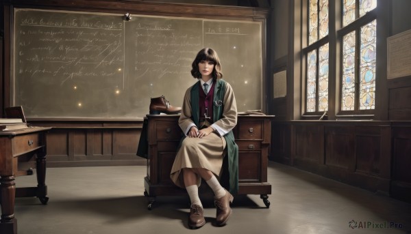 1girl,solo,looking at viewer,short hair,skirt,brown hair,shirt,black hair,long sleeves,sitting,full body,boots,necktie,shoes,socks,indoors,vest,coat,book,window,chair,brown footwear,desk,realistic,chalkboard,stained glass,church,hands on lap,bangs,brown eyes,jewelry,white shirt,collared shirt,blunt bangs,english text,sunlight,crossed legs,own hands together,white socks,long skirt,brown skirt,classroom,wide shot