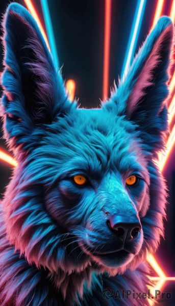 solo,looking at viewer,closed mouth,yellow eyes,signature,orange eyes,no humans,glowing,animal,cat,portrait,glowing eyes,realistic,electricity,animal focus,whiskers,pokemon (creature),watermark,black background,web address