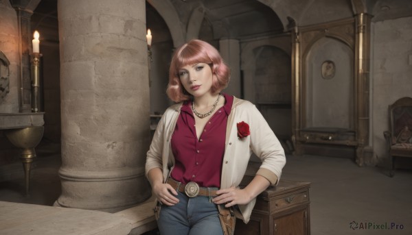 1girl,solo,breasts,looking at viewer,smile,short hair,bangs,brown hair,shirt,long sleeves,cleavage,brown eyes,jewelry,medium breasts,closed mouth,standing,jacket,weapon,pink hair,flower,cowboy shot,earrings,open clothes,collared shirt,belt,pants,indoors,necklace,open jacket,lips,gun,looking to the side,dress shirt,makeup,buttons,rose,white jacket,denim,lipstick,red flower,red shirt,sleeves rolled up,hands on hips,jeans,red rose,realistic,door,unbuttoned,blue pants,candle,holster,pearl necklace,candlestand