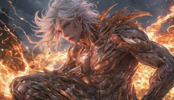 The beauty of a male set in a enchanting fiery outdoors