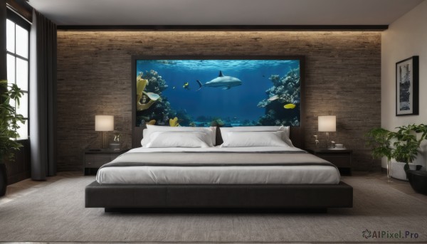 indoors,pillow,book,no humans,window,bed,ocean,on bed,table,plant,scenery,couch,fish,wooden floor,underwater,potted plant,lamp,bedroom,picture frame,painting (object),carpet,picture (object),water,bed sheet,curtains,door,light,poster (object),whale,ceiling light,cabinet,portrait (object),aquarium