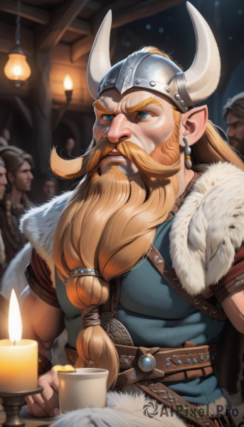 long hair,blue eyes,blonde hair,1boy,jewelry,male focus,earrings,multiple boys,horns,solo focus,pointy ears,belt,indoors,armor,blurry,fur trim,muscular,facial hair,thick eyebrows,3boys,helmet,muscular male,beard,mustache,candle,fake horns,horned helmet,solo,holding,upper body,braid,cup,bara,mug,mature male,manly,old man,horned headwear