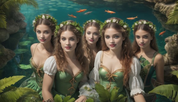 long hair,breasts,looking at viewer,smile,blue eyes,multiple girls,brown hair,hair ornament,dress,cleavage,bare shoulders,medium breasts,closed mouth,collarbone,upper body,braid,flower,short sleeves,small breasts,sleeveless,puffy sleeves,hair flower,water,puffy short sleeves,lips,eyelashes,makeup,6+girls,animal,leaf,wavy hair,5girls,plant,nature,fish,curly hair,green dress,head wreath,lineup,lily pad,seaweed,long sleeves,jewelry,parted lips,lipstick,underwater,realistic,red lips,cross-laced clothes